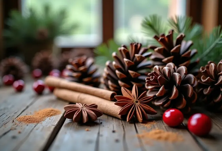 Pinhas e especiarias em uma mesa rústica para receita de Natal