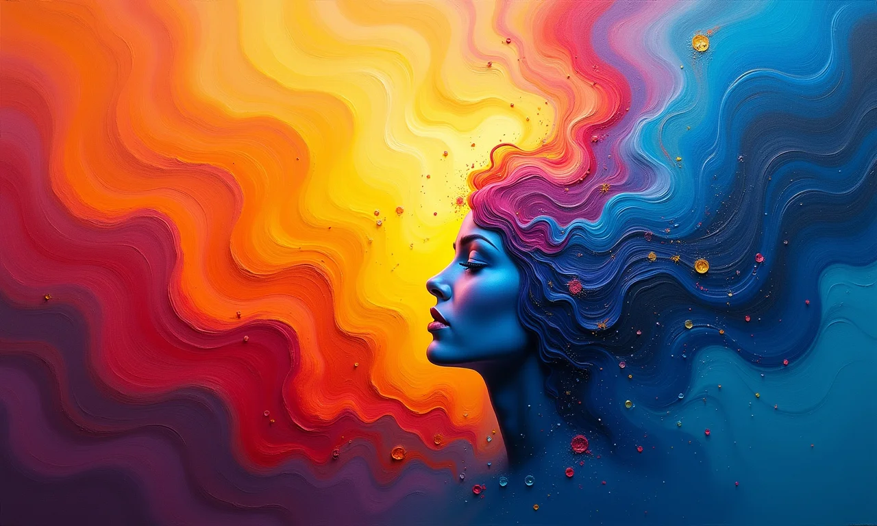 Pintura abstrata retratando pensamentos e emoções em cores vibrantes.