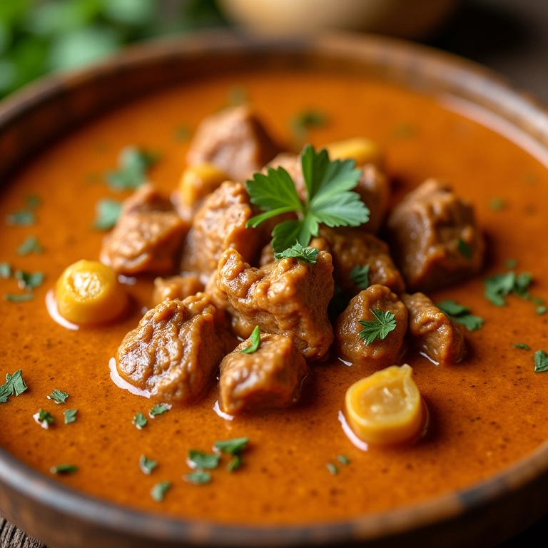 Pirão de carne cremoso com ingredientes frescos.