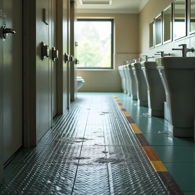 Piso antiderrapante em banheiro público acessível.