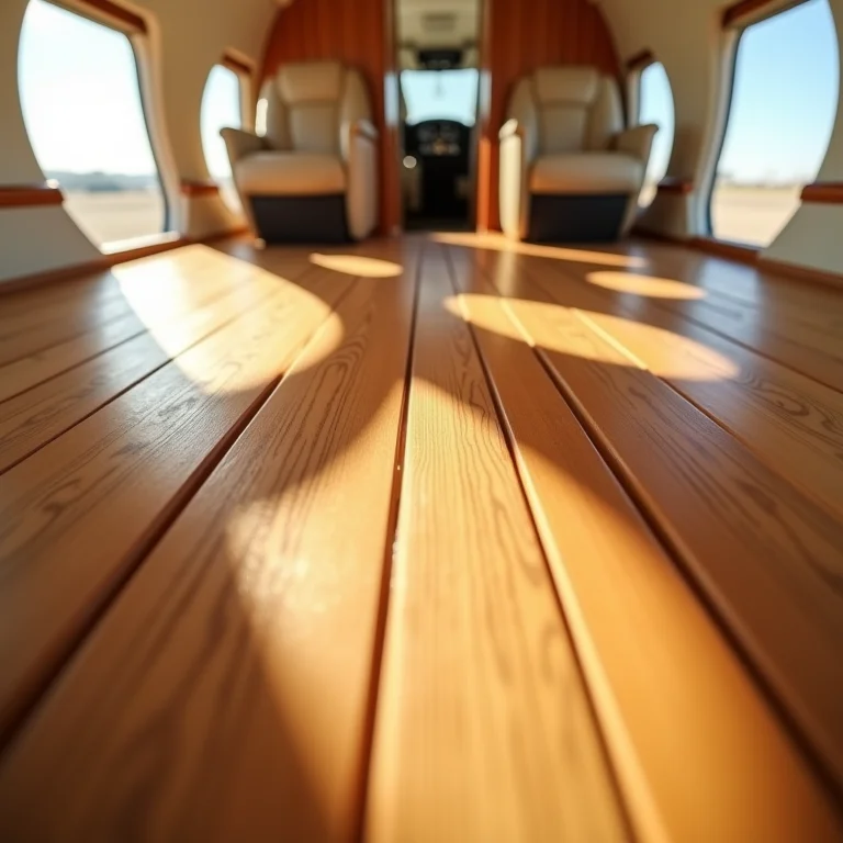 Piso de madeira polida em um avião particular, destacando os veios naturais