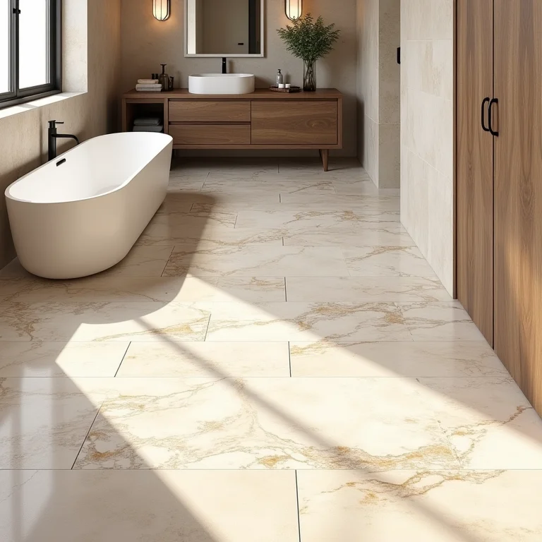 Piso de mármore travertino antiderrapante em banheiro rústico