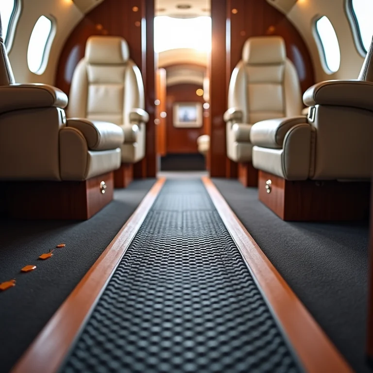 Piso emborrachado antiderrapante em uma área de circulação de um avião particular