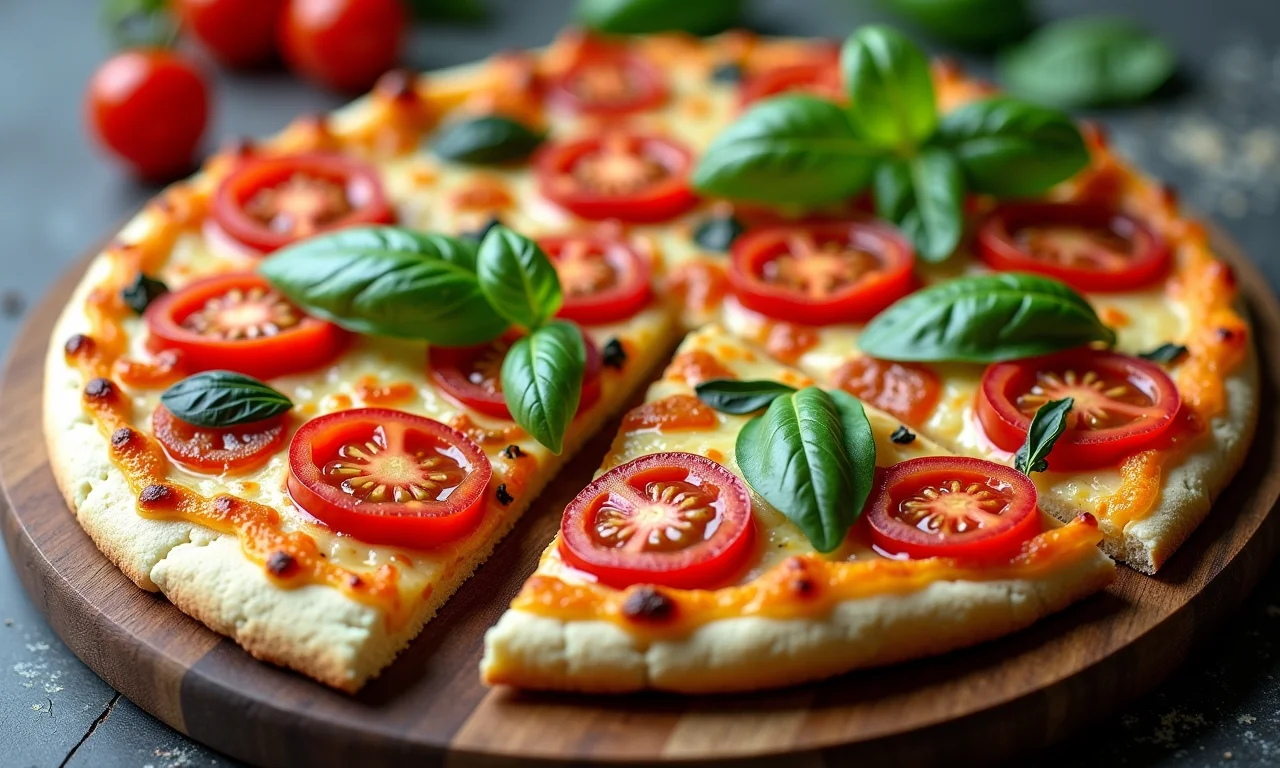 Pizza de couve-flor sem glúten com coberturas coloridas.