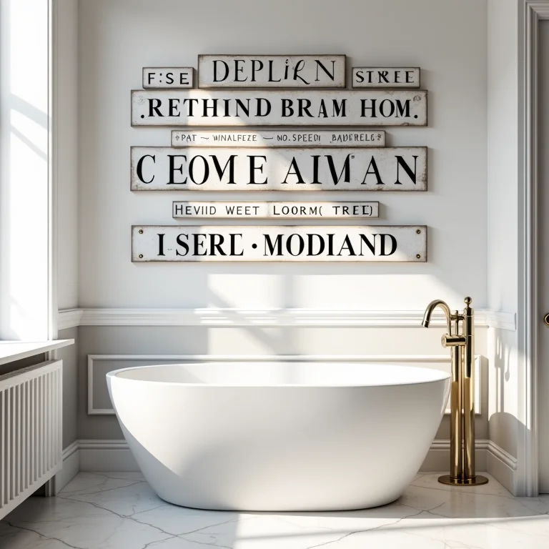 Placas e letreiros com nomes de ruas e pontos turísticos de Londres na decoração do banheiro.