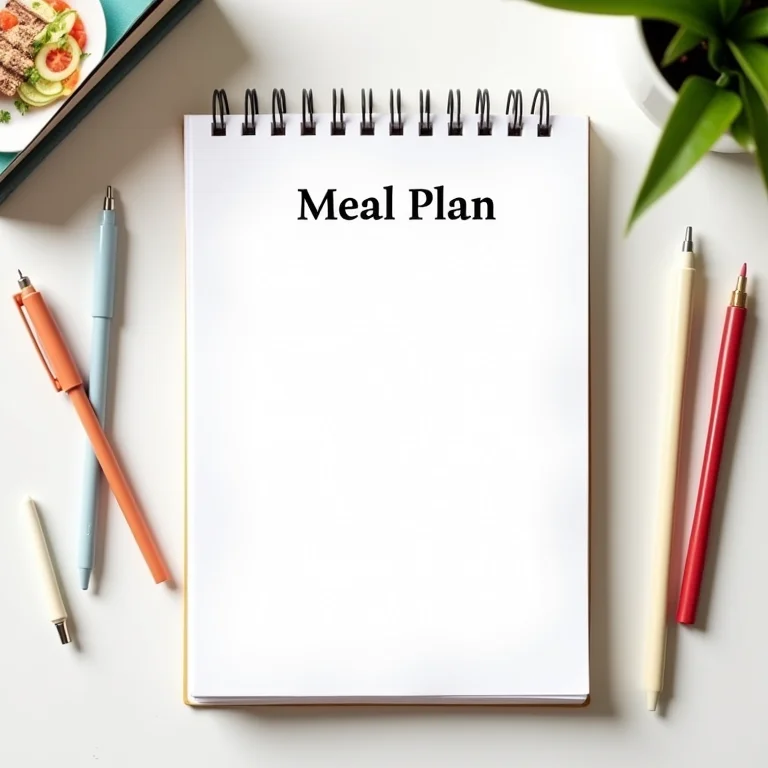 Planejador semanal de refeições com canetas coloridas e livro de receitas.