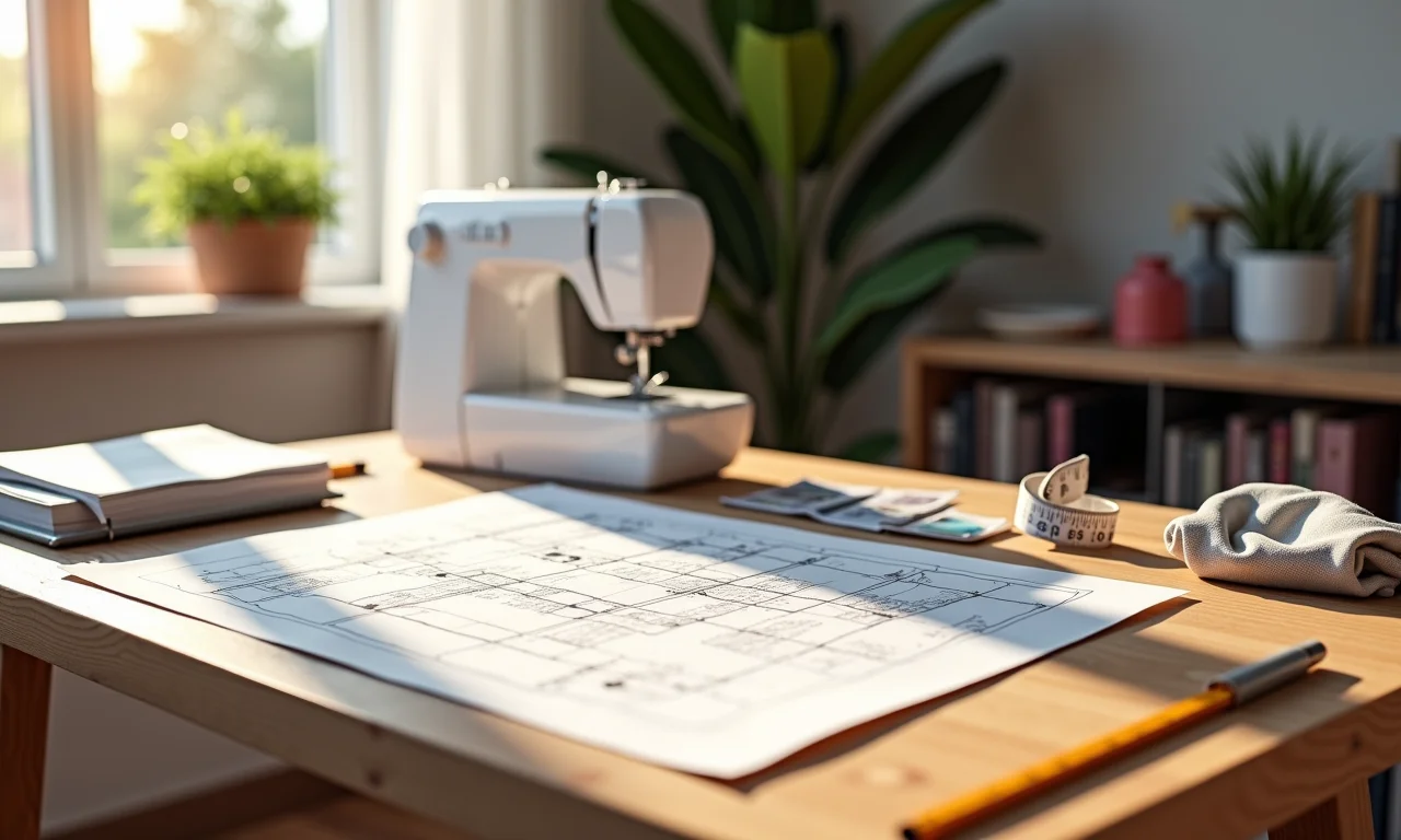 Planejando o layout de um ateliê de costura pequeno com fita métrica e caderno de esboços.