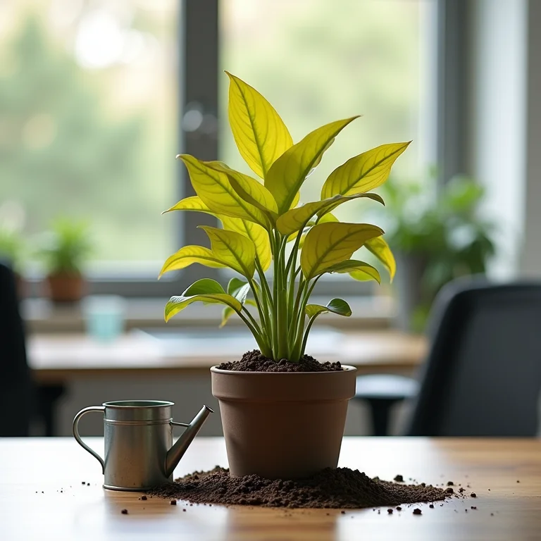 Planta negligenciada com terra seca em um escritório