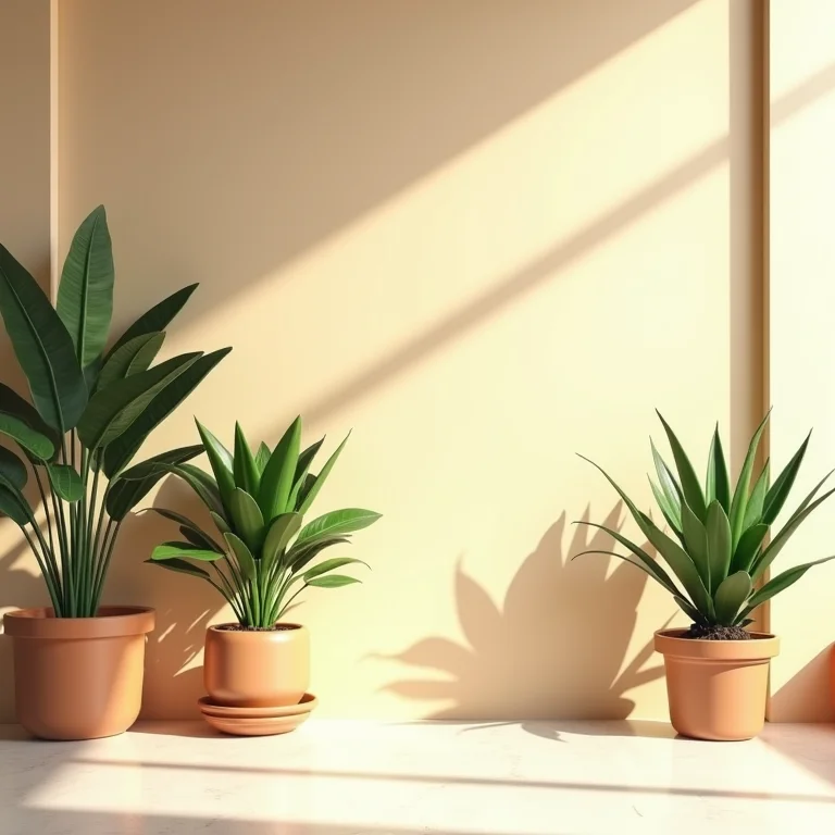 Plantas em banheiro bege com revestimento 3D.