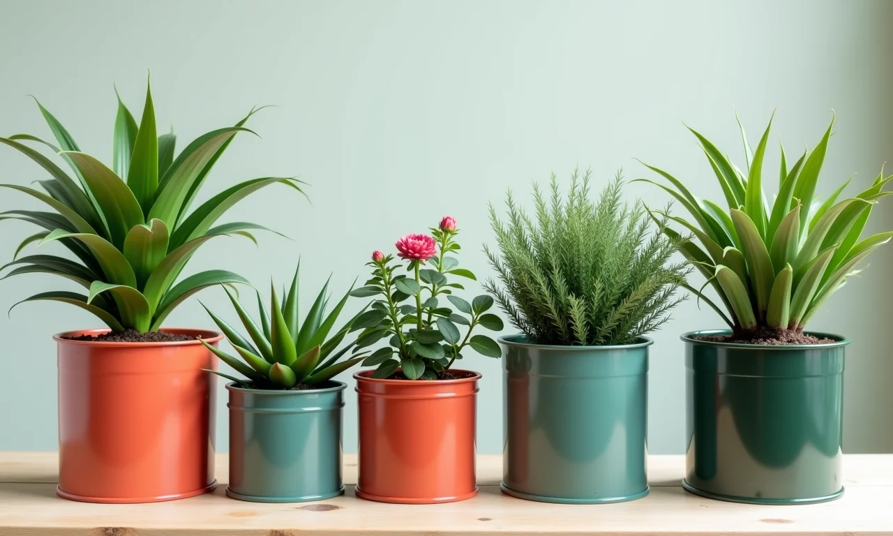 Plantas em vasos de lata de tamanhos variados.
