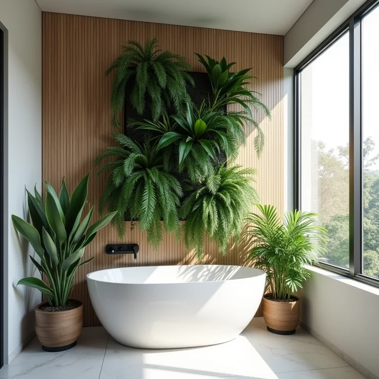 Plantas purificadoras do ar em jardim vertical de banheiro