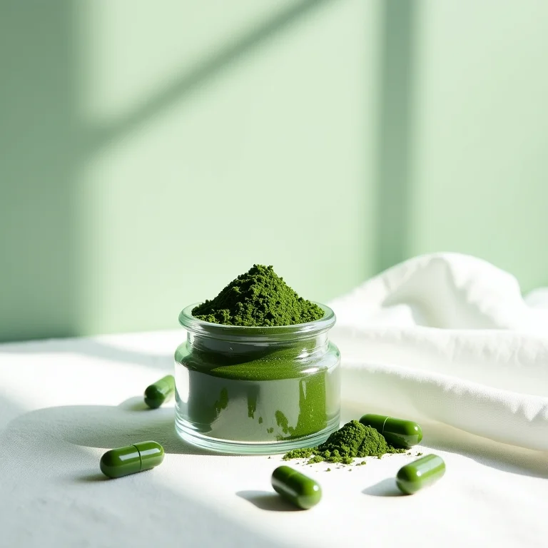 Pó e cápsulas de clorella em pote de vidro.