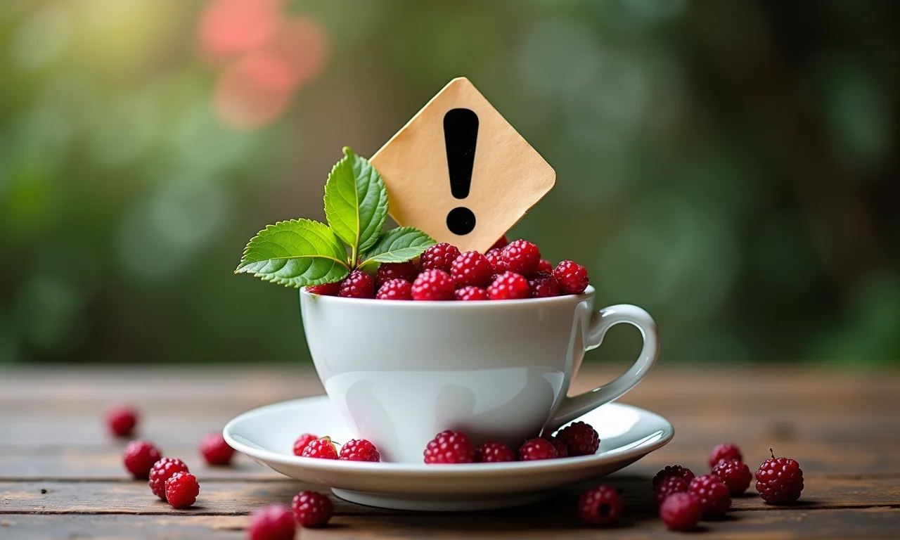 Ponto de exclamação em xícara de chá com folhas de amora.