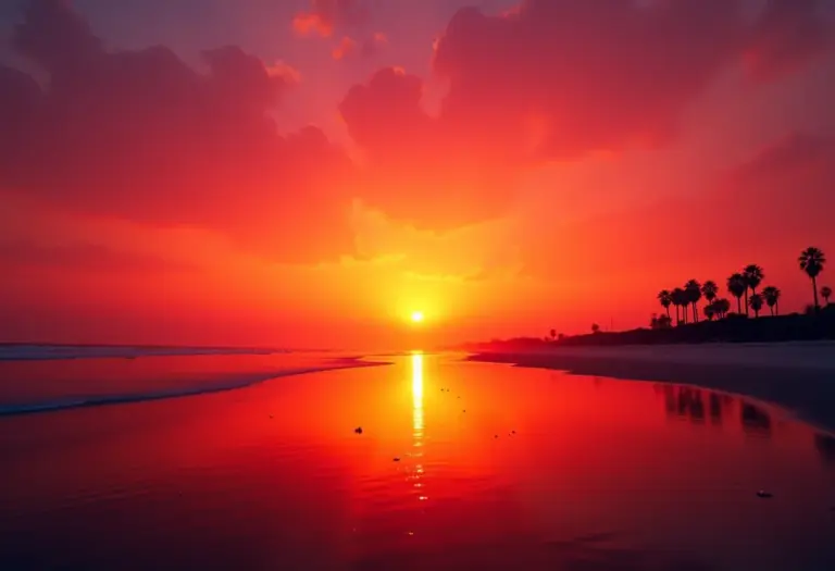 Pôr do sol vibrante na praia com silhueta de palmeiras