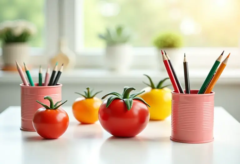 Porta canetas feito com latas de tomate recicladas.
