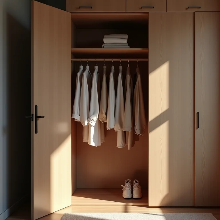 Porta de armário entreaberta revelando roupas organizadas.