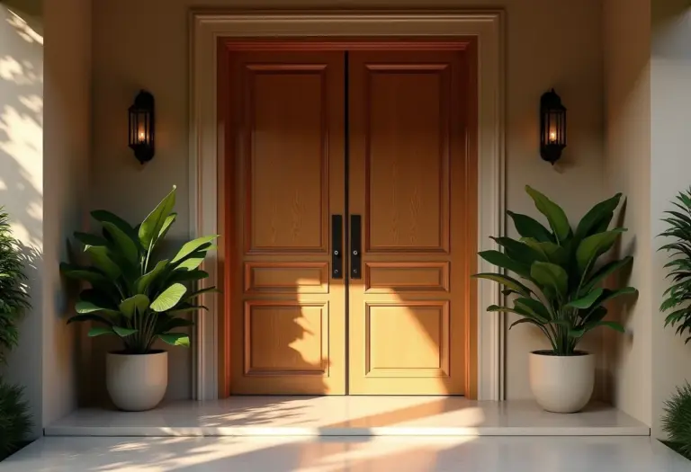 Porta de madeira clássica em uma entrada elegante