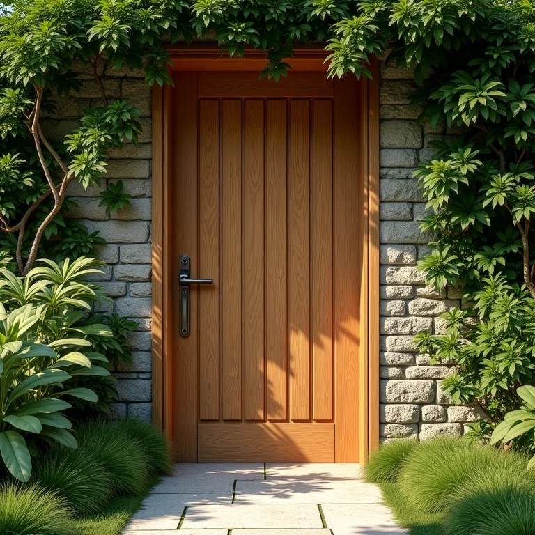 Porta de madeira sustentável em meio à natureza