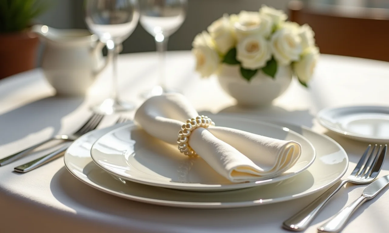 Porta guardanapos de pérolas em mesa elegante.