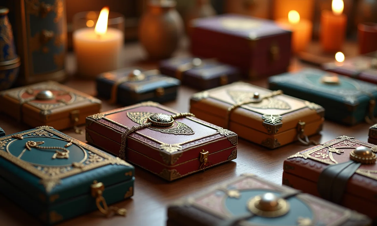 Porta-joias artesanais com designs intrincados em uma penteadeira.