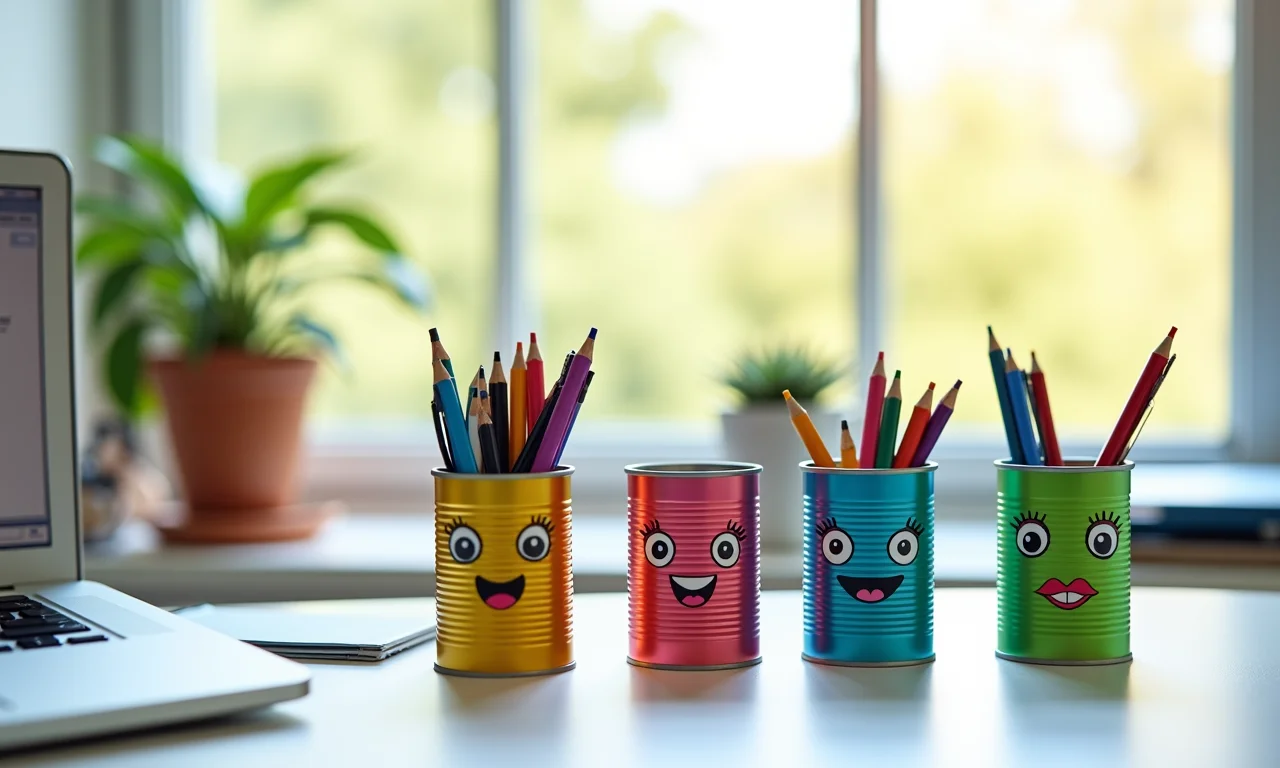 Porta-lápis divertidos feitos de latas de alumínio decoradas.