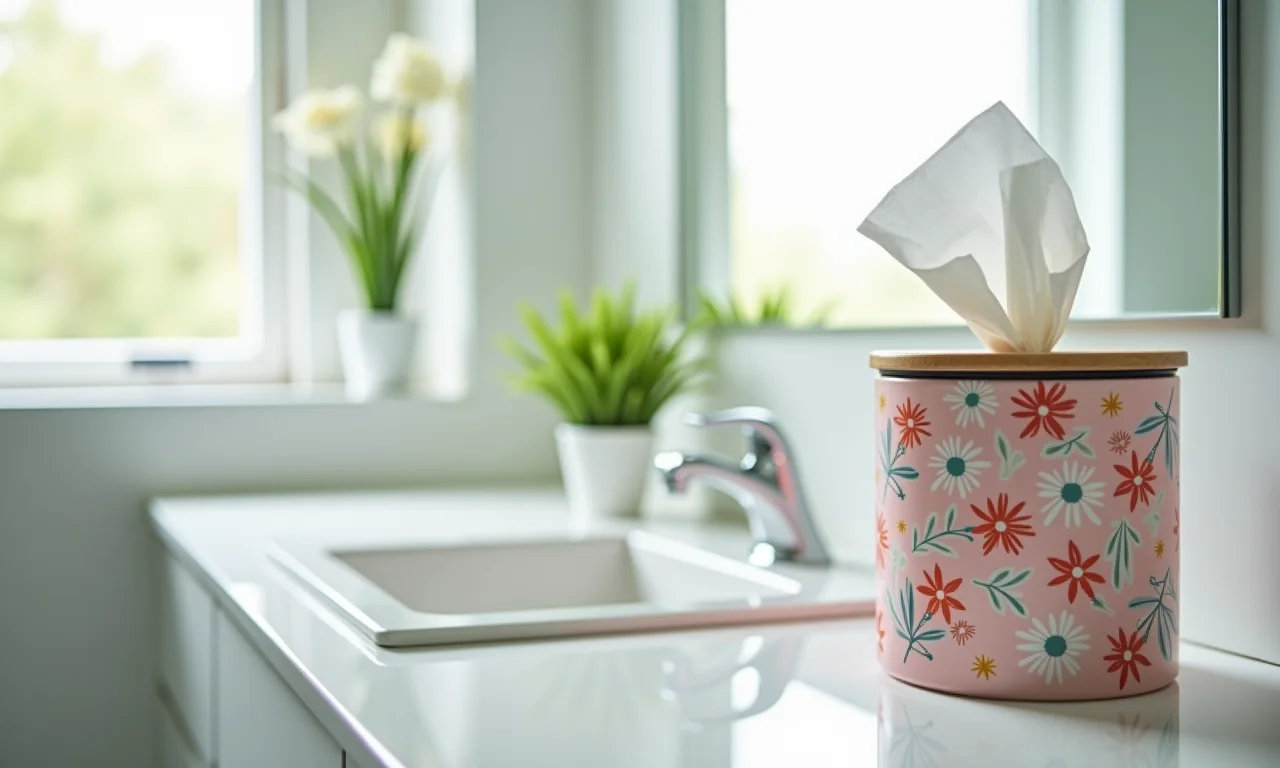 Porta-lenços personalizado no balcão do banheiro, ao lado da pia.