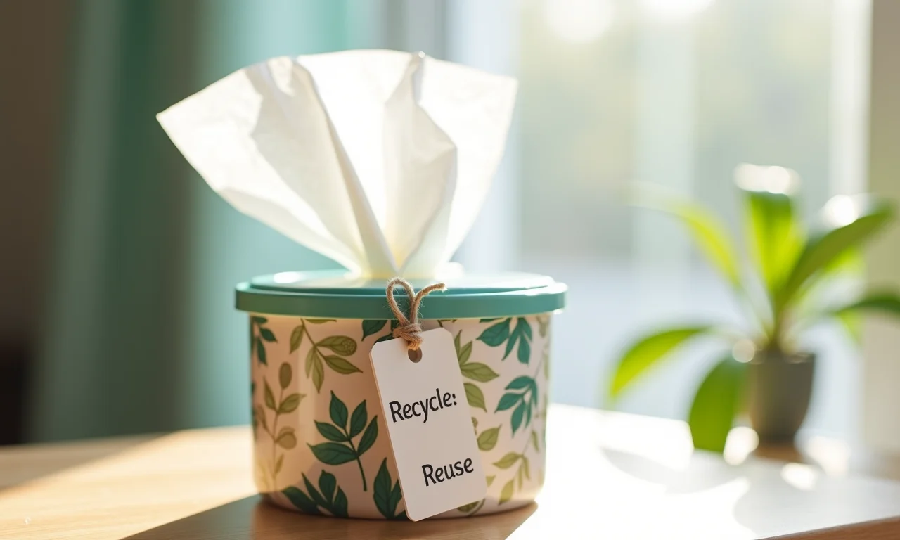 Porta-lenços reciclado com etiqueta lembrando para reciclar e reutilizar.