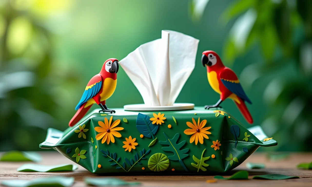 Porta-lenços temático: mini floresta tropical brasileira com araras e folhas de papel.