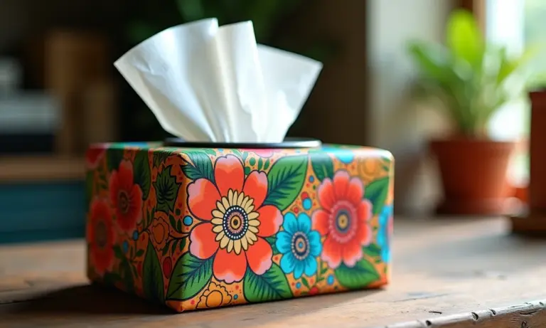 Porta-lenços umedecidos reciclado decorado em estilo Farm Rio, sobre mesa de madeira rústica.