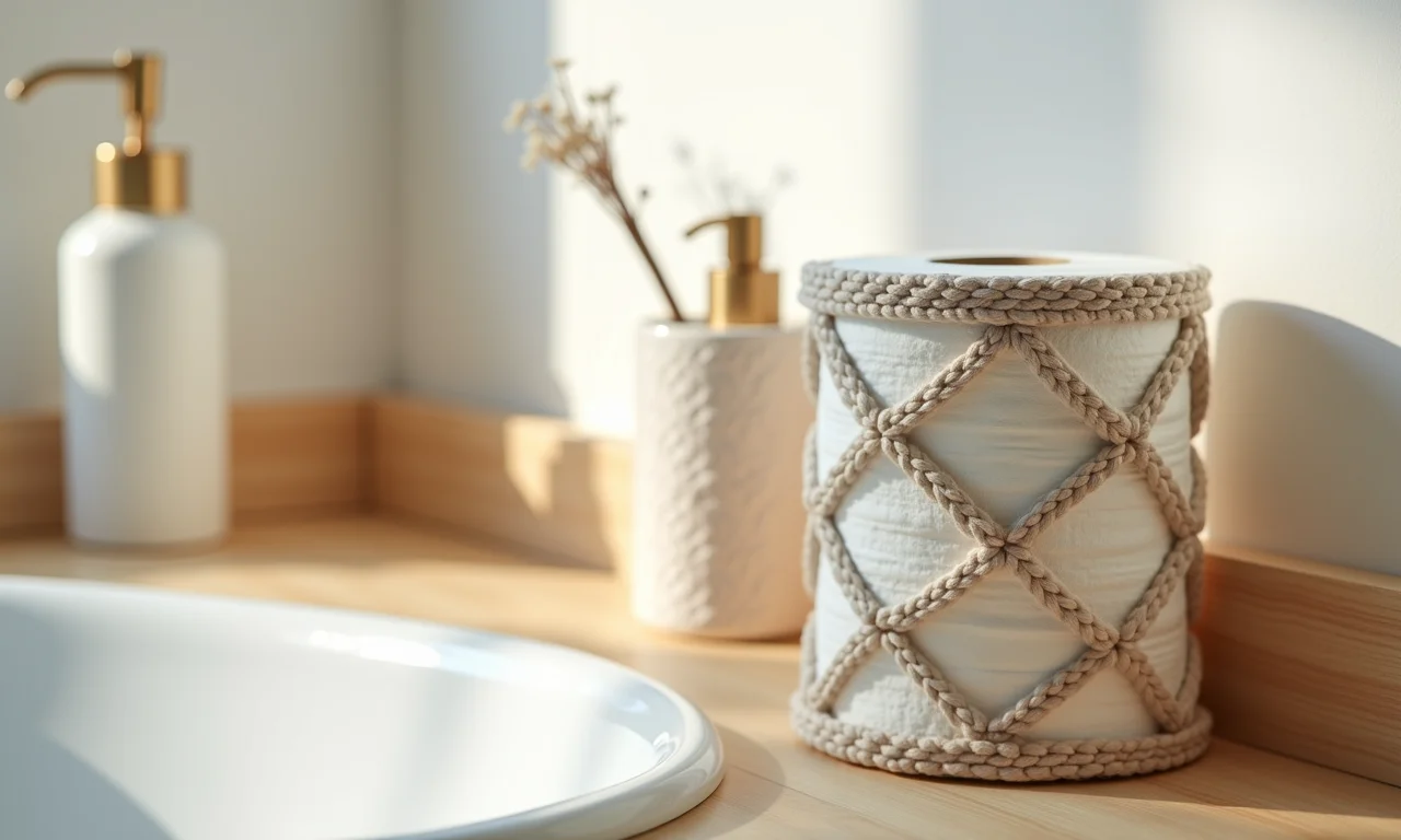 Porta papel higiênico de crochê para bancada: praticidade e estilo.