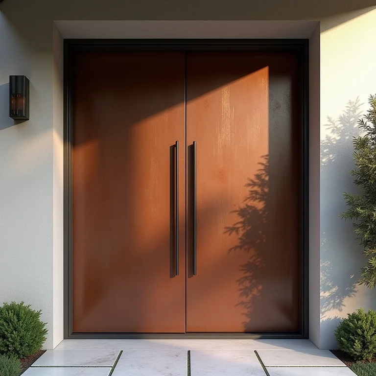 Porta pivotante de alumínio com detalhes em aço corten para um toque industrial