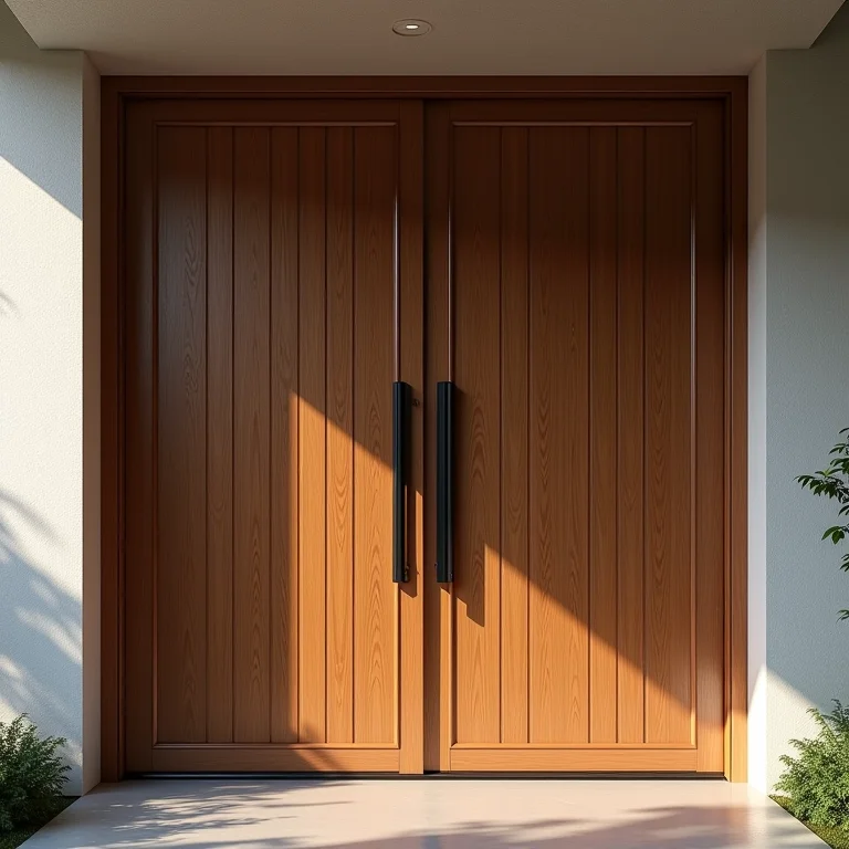 Porta pivotante de alumínio com painel ripado que adiciona textura