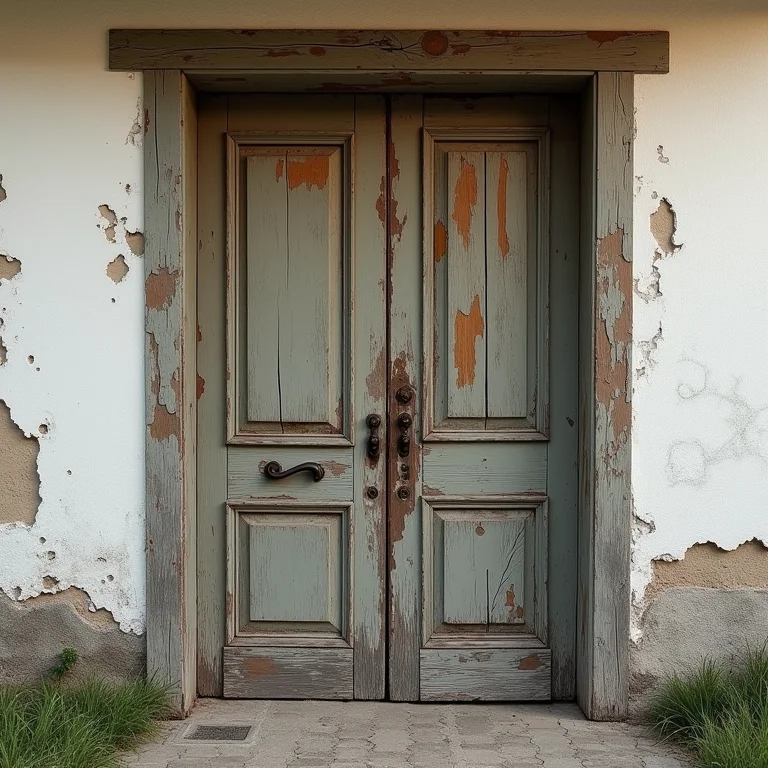 Porta pivotante de madeira com verniz descascado.