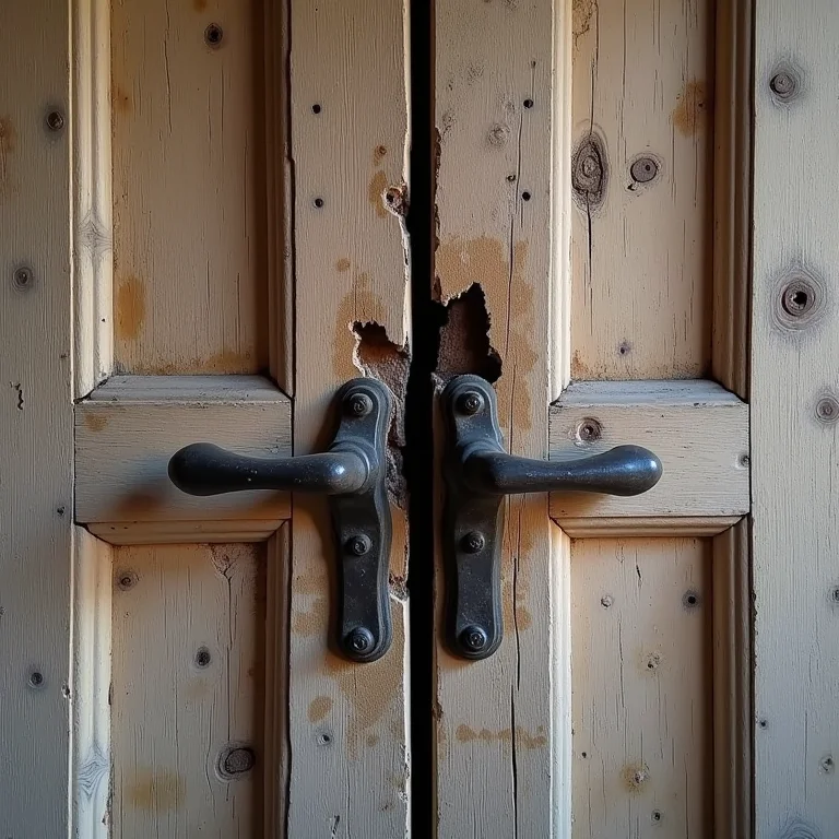 Porta pivotante de madeira inadequada mostrando rachaduras.