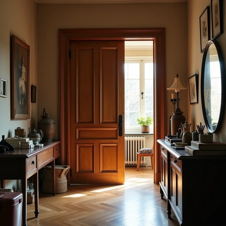 Porta pivotante desproporcional em corredor pequeno.