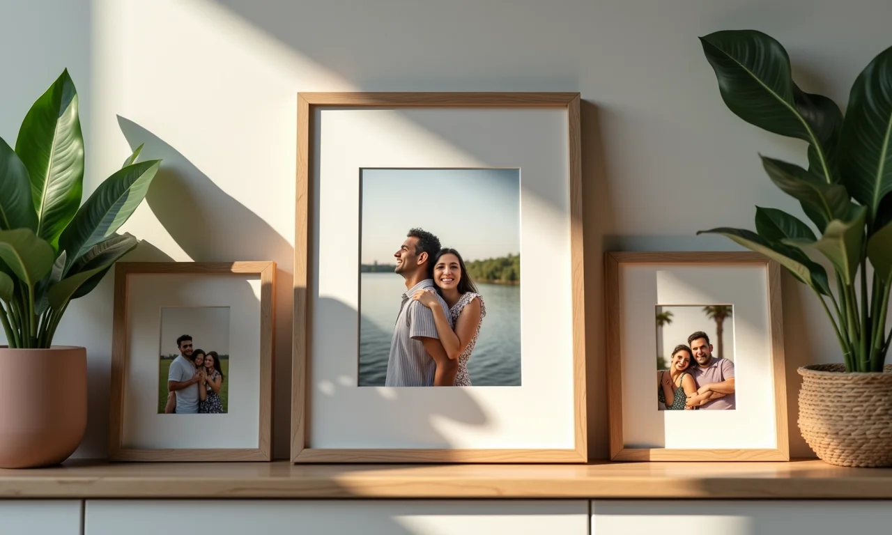 Porta-retratos personalizados com fotos especiais em uma estante.