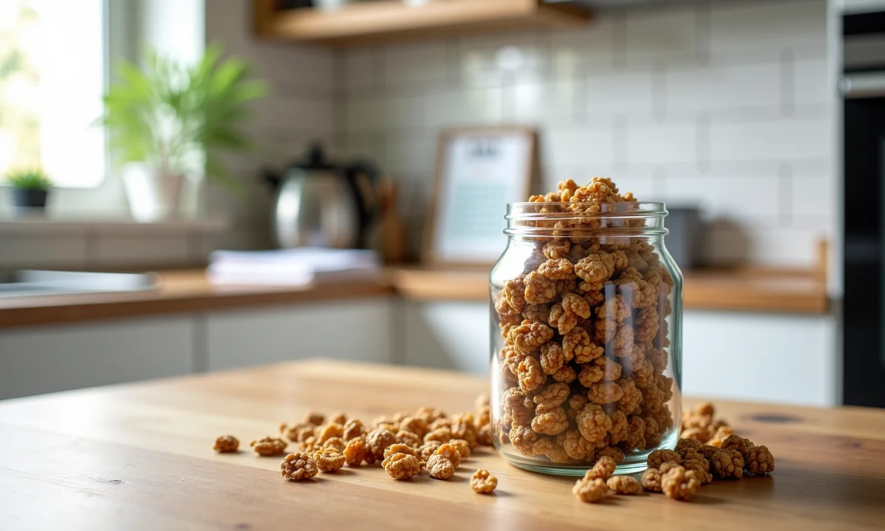Pote de granola caseira e um calendário.