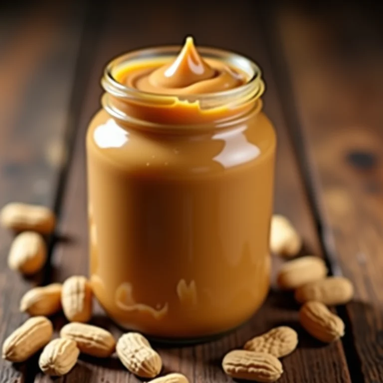 Pote de manteiga de amendoim com amendoins espalhados.