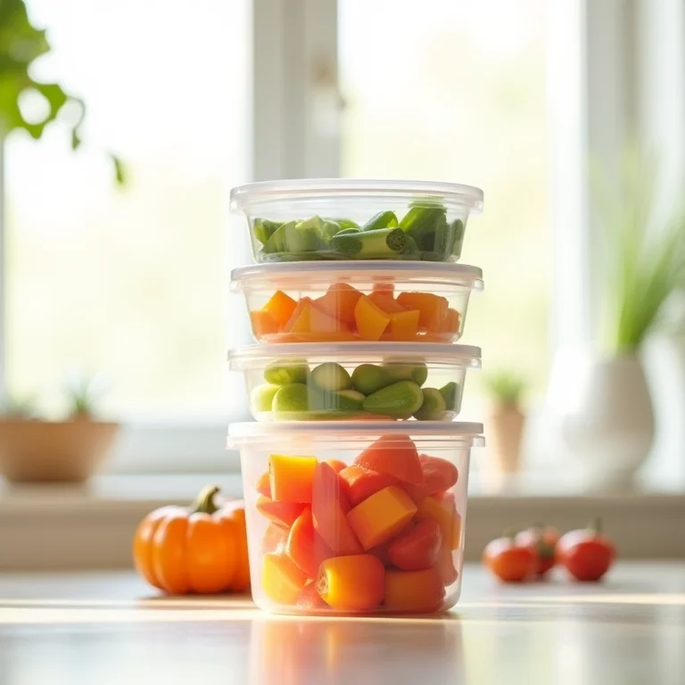 Potes de plástico para congelar alimentos com vegetais picados.