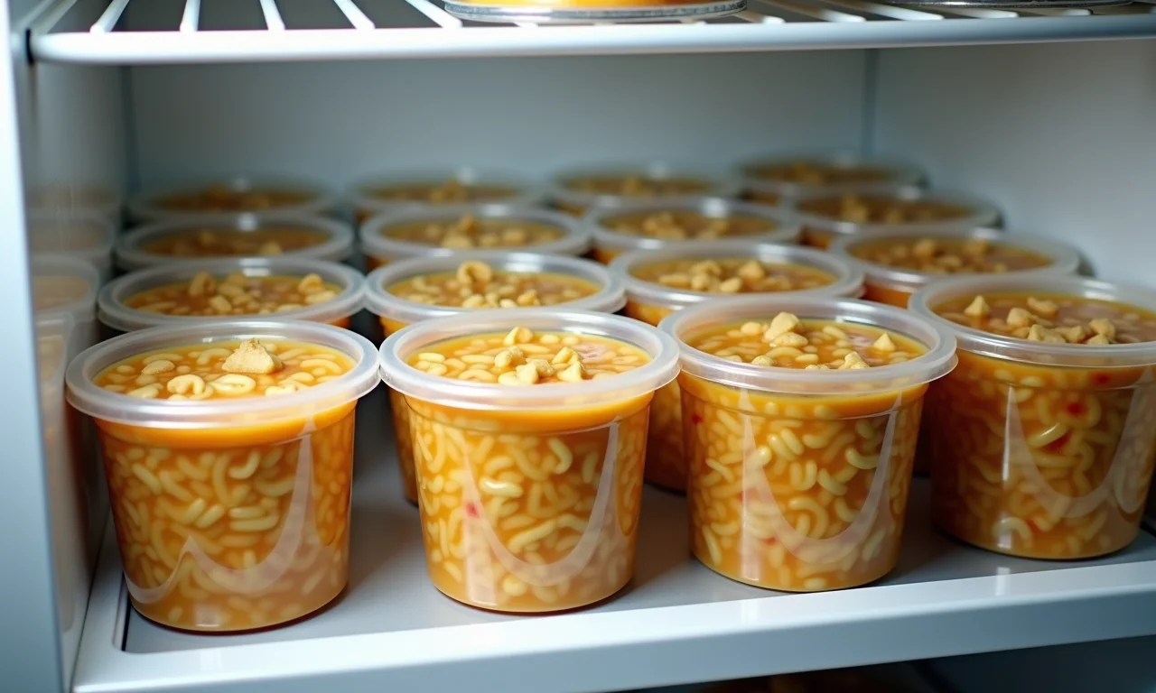 Potes de sopa de macarrão com frango sendo congelados.
