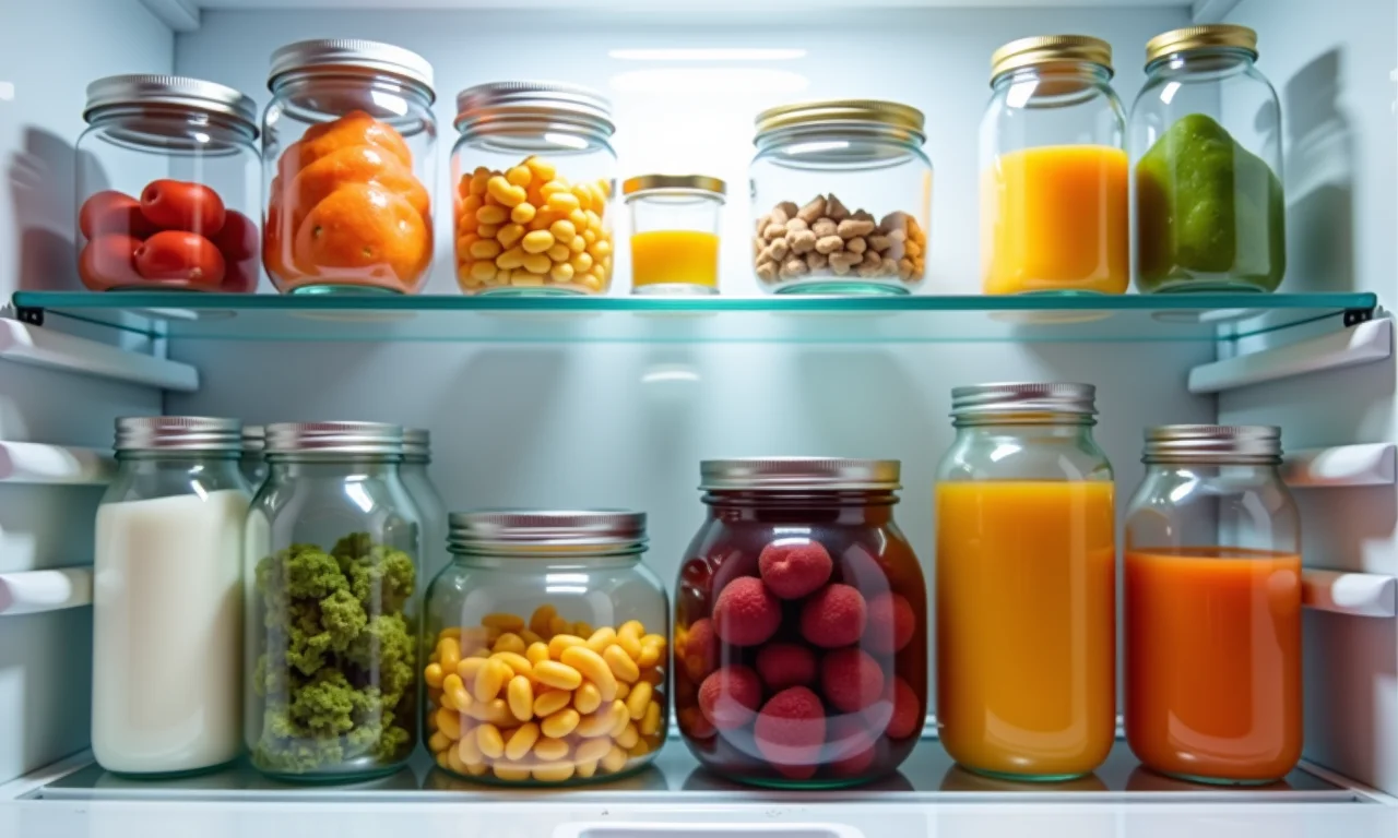 Potes e organizadores dentro da geladeira.