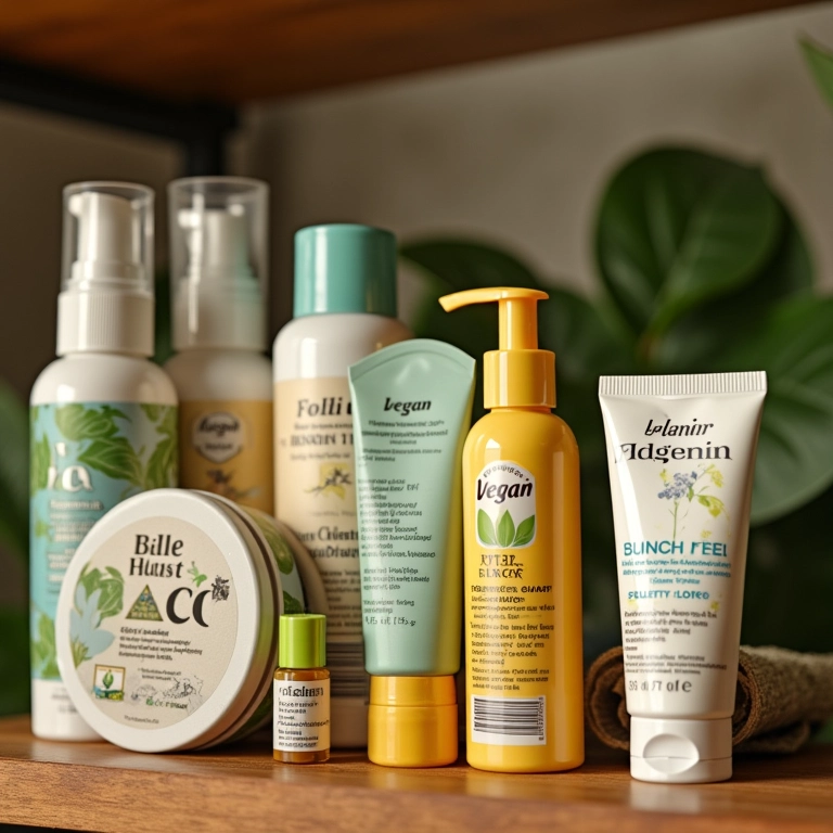 Prateleira cheia de cosméticos veganos com rótulos 'Vegan', priorizando marcas que não usam ingredientes animais.