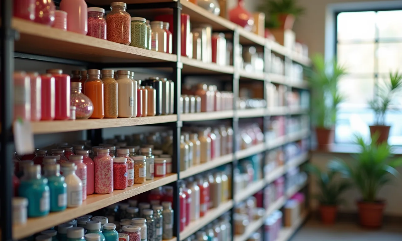 Prateleira de loja de artesanato com fitas, tintas, miçangas e papéis.