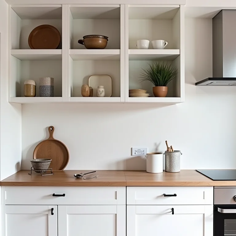 Prateleiras aéreas e nichos decorativos em cozinha moderna