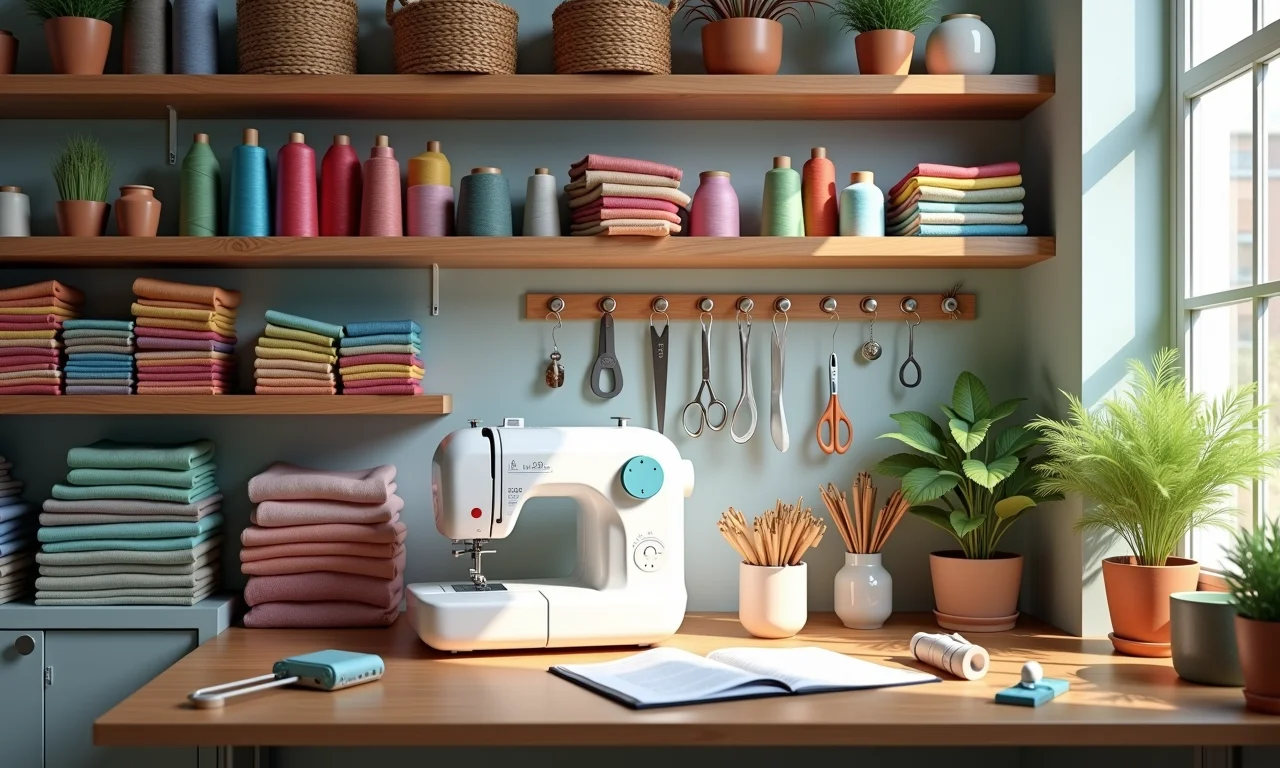 Prateleiras e nichos organizados com linhas coloridas e materiais de costura.