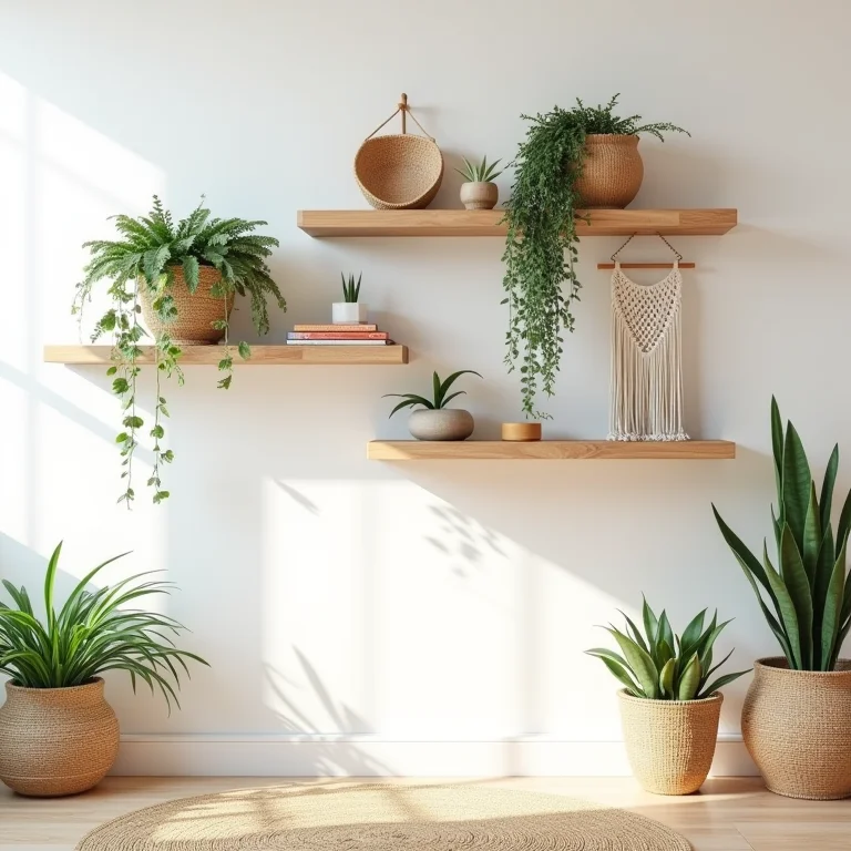 Prateleiras suspensas com decoração em estilo boêmio