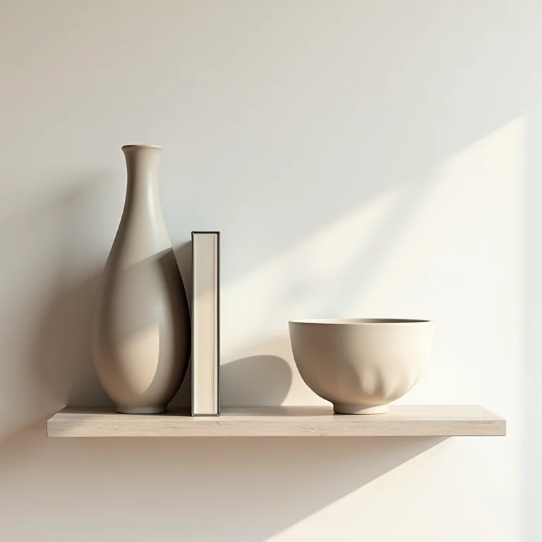 Prateleiras suspensas com objetos organizados seguindo a regra dos terços