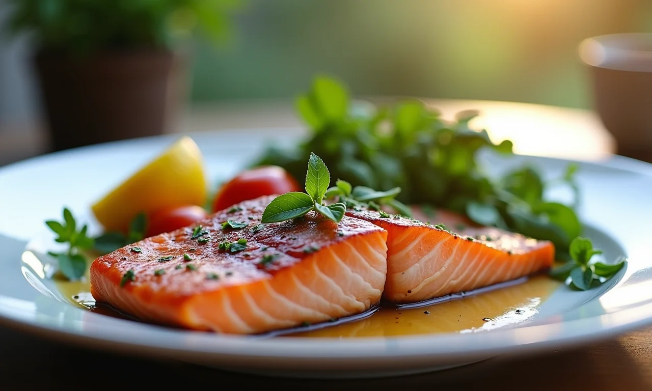 Prato de salmão com legumes.