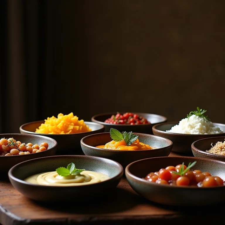 Pratos e tigelas com ingredientes para fondue.