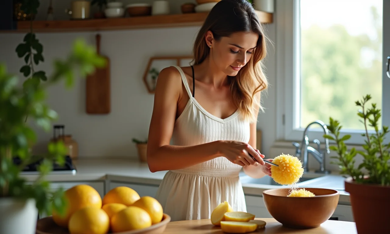 Preparando bucha vegetal para uso na cozinha.